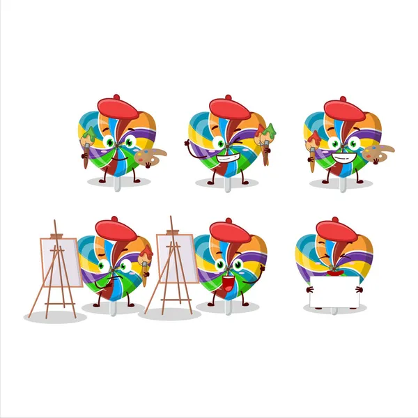 Artistic Artist Rainbow Love Twirl Candy Cartoon Character Painting Brush — Stock Vector