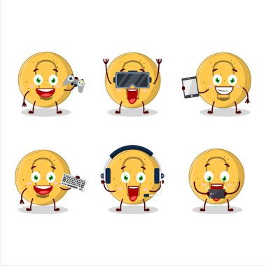 Dalgona şekerli lamba çizgi film karakteri çeşitli şirin emoticonlarla oyunlar oynuyor. Vektör illüstrasyonu