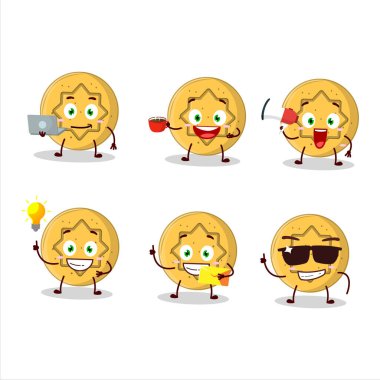 Dalgona çiçekli çizgi film karakteri ve çeşitli iş simgeleri. Vektör illüstrasyonu