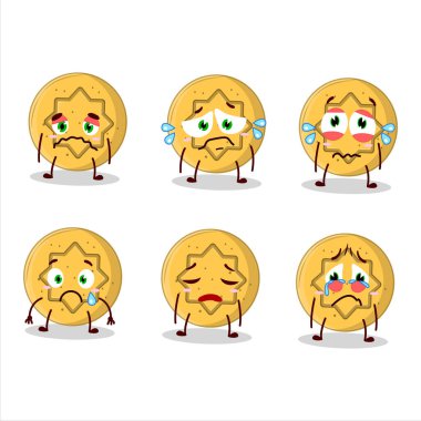 Dalgona çiçekli karikatür karakteri hüzünlü bir ifadeyle. Vektör illüstrasyonu