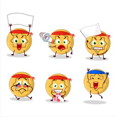 Çekici bir destekçi olarak dalgona şekeri karakterinin maskot tasarımı stili. Vektör illüstrasyonu