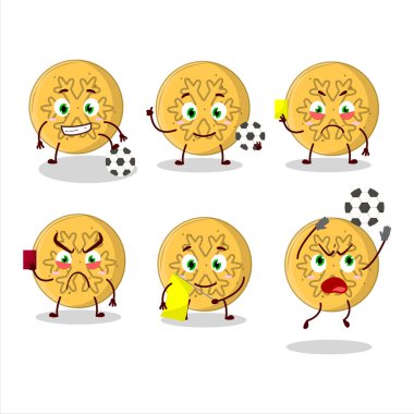 Dalgona şekerli kar tanesi çizgi film karakteri futbol hakemi olarak çalışıyor. Vektör illüstrasyonu