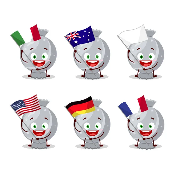 Bonbons Blanc Envelopper Personnage Bande Dessinée Apporter Les Drapeaux Divers — Image vectorielle