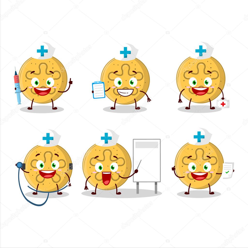 Doctor profession emoticon with dalgona candy coral reefs cartoon character. Vector illustration