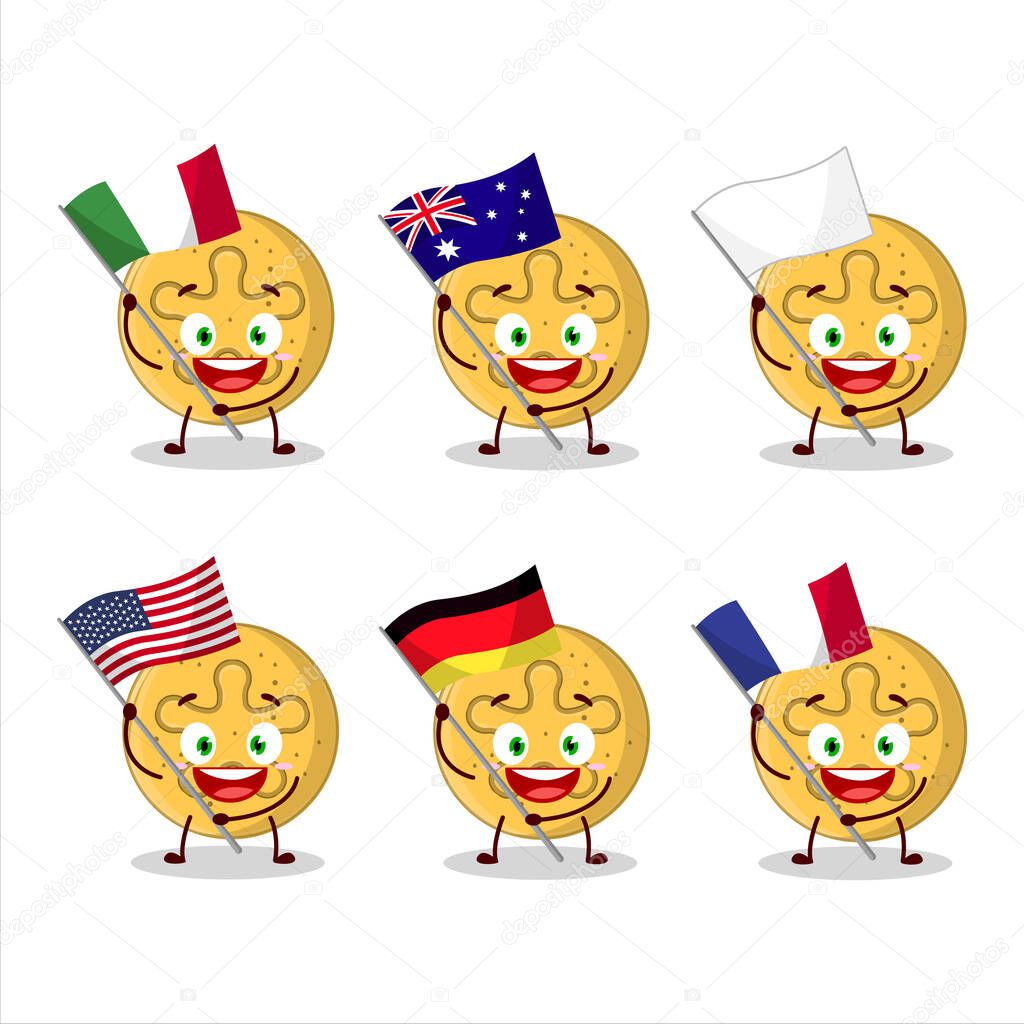 Dalgona candy coral reefs cartoon character bring the flags of various countries. Vector illustration
