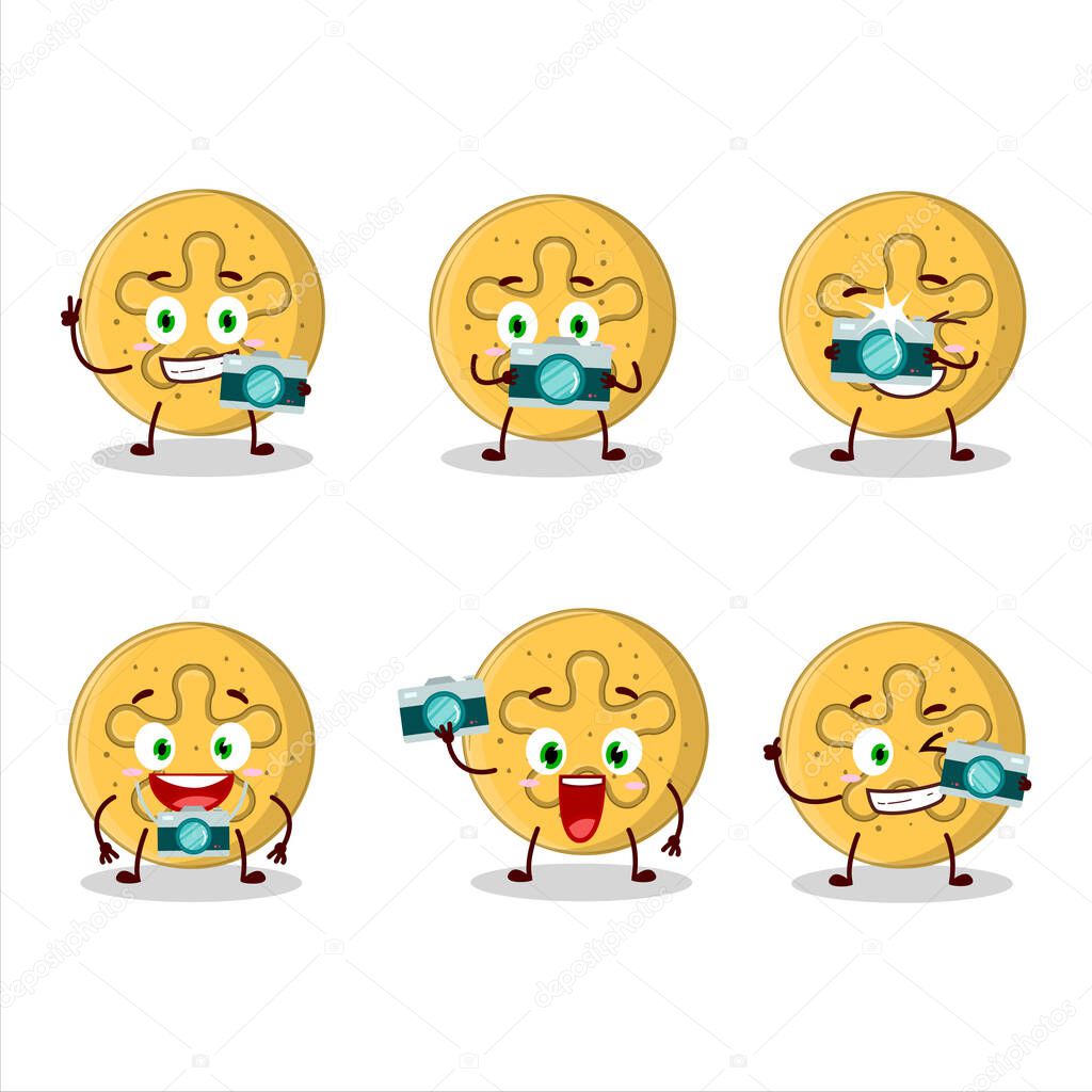 Photographer profession emoticon with dalgona candy coral reefs cartoon character. Vector illustration