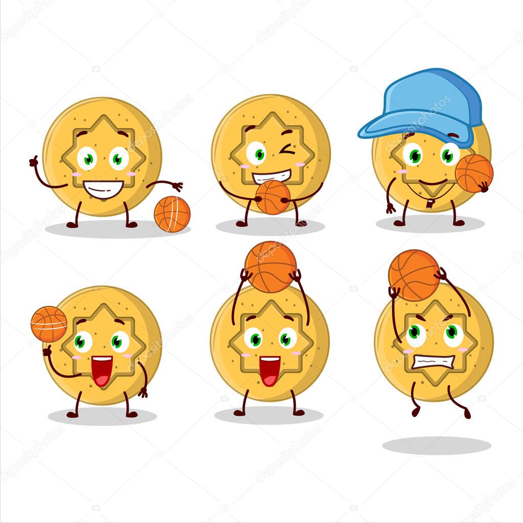 Talented dalgona candy flower cartoon character as a basketball athlete. Vector illustration