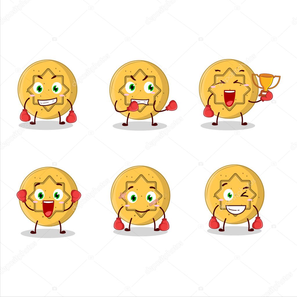 A sporty dalgona candy flower boxing athlete cartoon mascot design. Vector illustration