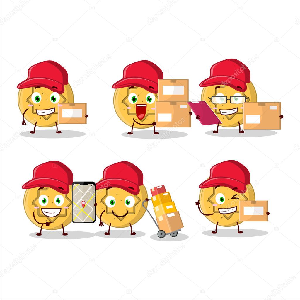 Cartoon character design of dalgona candy flower working as a courier. Vector illustration