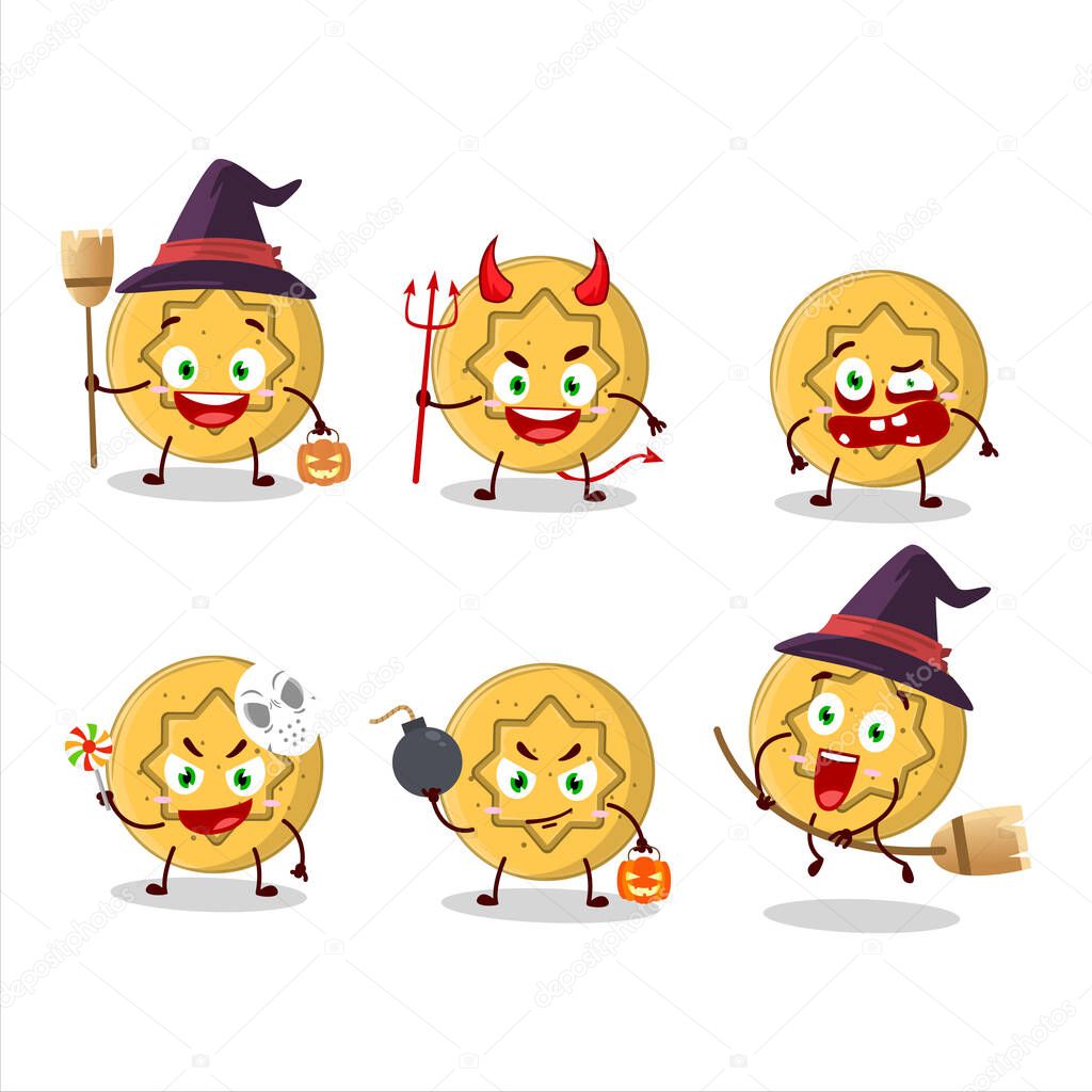 Halloween expression emoticons with cartoon character of dalgona candy flower. Vector illustration