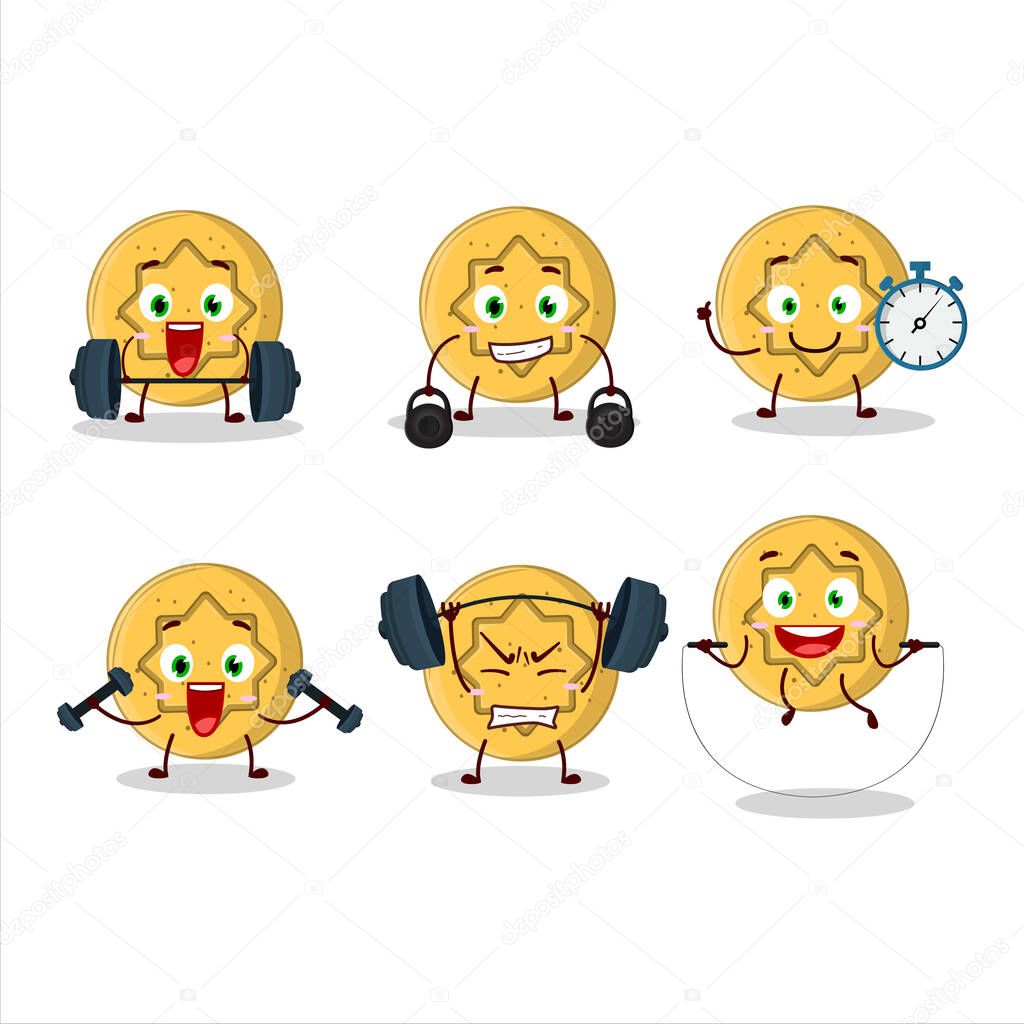 A healthy dalgona candy flower cartoon style trying some tools on Fitness center. Vector illustration