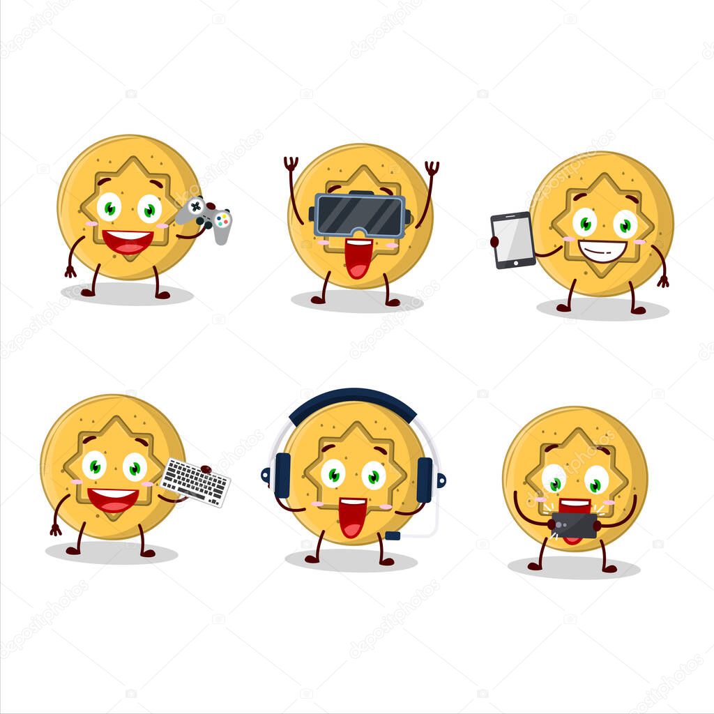 Dalgona candy flower cartoon character are playing games with various cute emoticons. Vector illustration