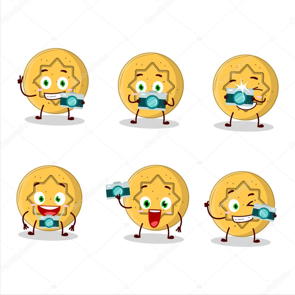 Photographer profession emoticon with dalgona candy flower cartoon character. Vector illustration