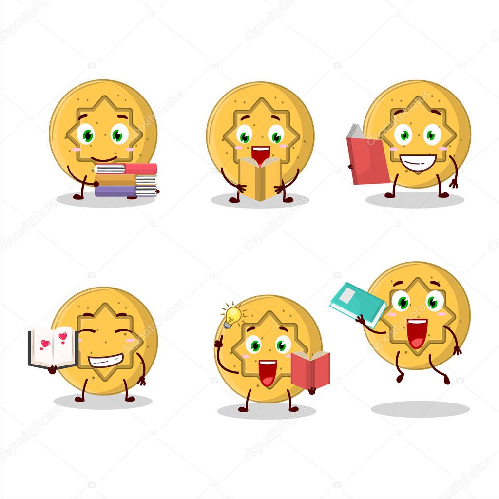 A picture of dalgona candy flower cartoon character concept reading an amusing book. Vector illustration