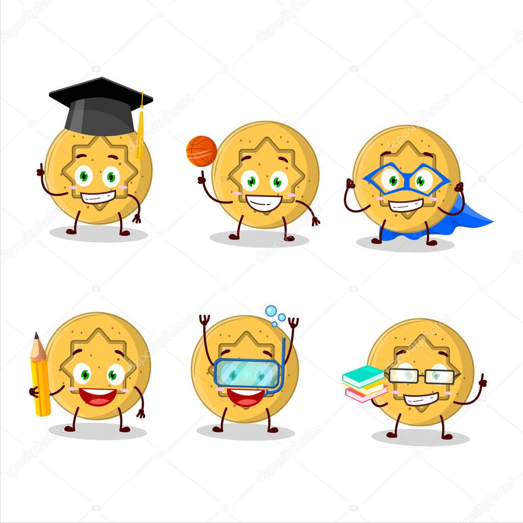 School student of dalgona candy flower cartoon character with various expressions. Vector illustration