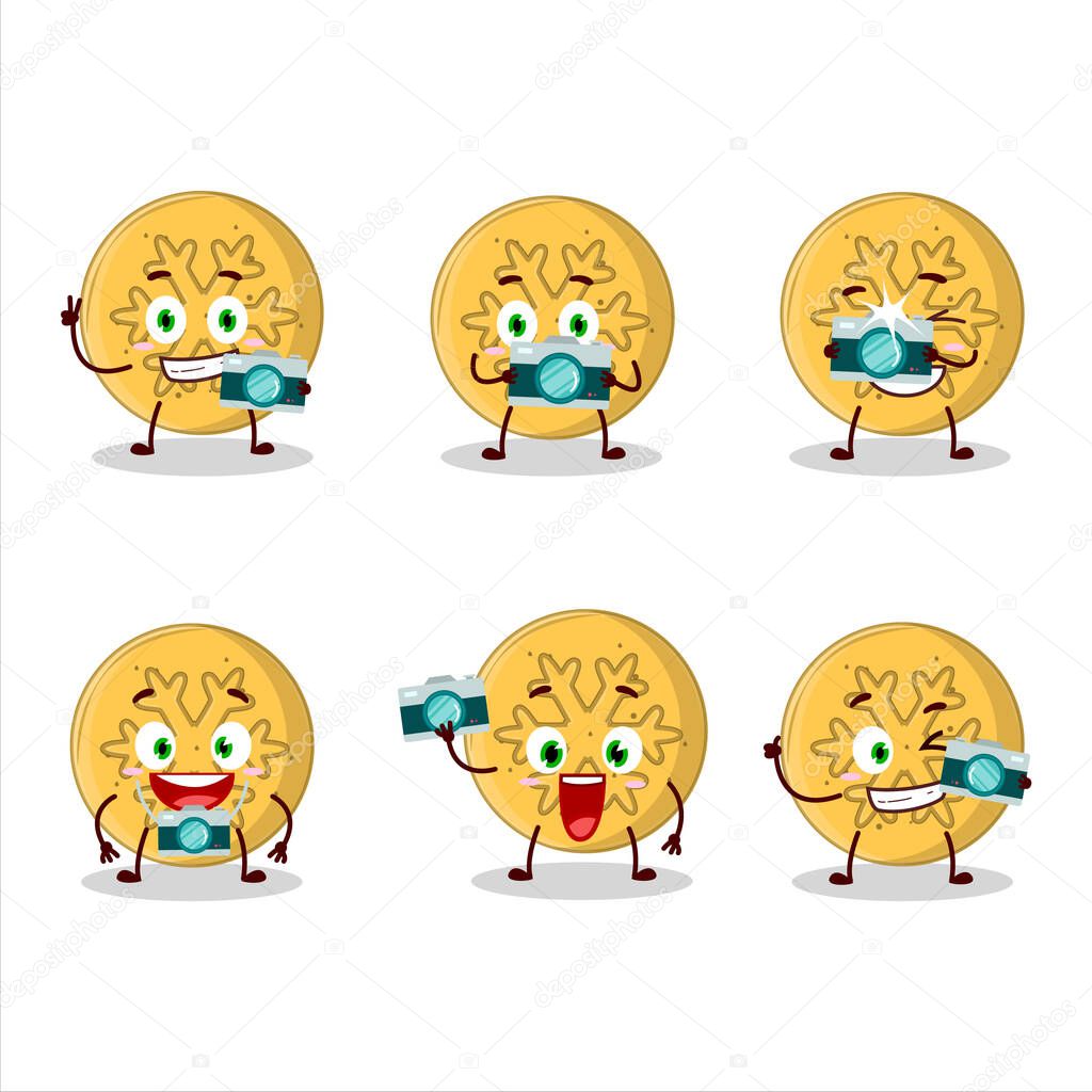 Photographer profession emoticon with dalgona candy snowflake cartoon character. Vector illustration