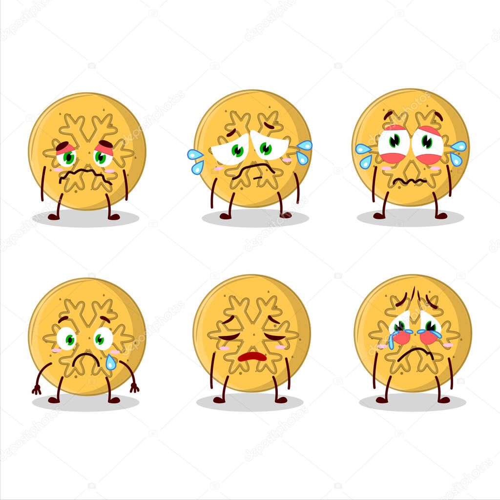 Dalgona candy snowflake cartoon character with sad expression. Vector illustration