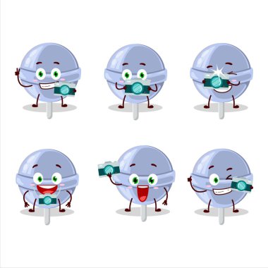 Tatlı yaban mersini lolipop çizgi film karakteri ile fotoğrafçılık mesleği simgesi. Vektör illüstrasyonu