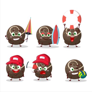 Neşeli Surat çikolatalı karikatür karakteri sahilde oynuyor. Vektör illüstrasyonu
