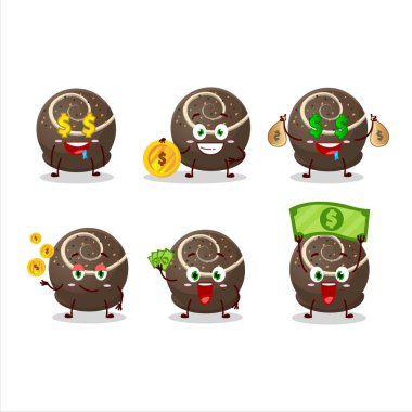 Çikolata renkli tatlı çizgi film karakteri yanında para getiriyor. Vektör illüstrasyonu