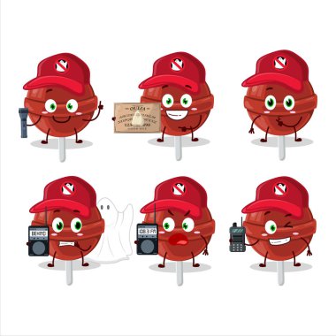 Hayalet avcısı çizgi film tatlı çilekli lolipop karakteri kamera kullanıyor. Vektör illüstrasyonu