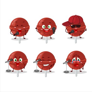 Tatlı çilekli lolipopun ünlü bir şarkı söylediği şirin bir çizgi film tasarımı konsepti. Vektör illüstrasyonu