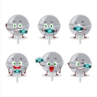 Tatlı beyaz lolipop çizgi film karakteri ile fotoğrafçılık mesleği simgesi. Vektör illüstrasyonu