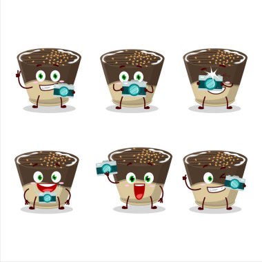 Çikolatalı sütlü çizgi film karakteri ile fotoğrafçılık mesleği simgesi. Vektör illüstrasyonu