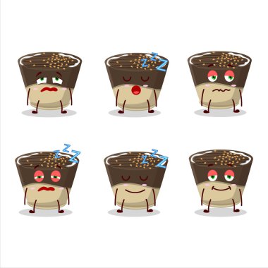 Çizgi film karakteri şekerli çikolatalı şekerleme ve uykulu bir yüz ifadesi. Vektör illüstrasyonu