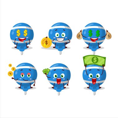 Mavi lolipop, sevimli simgeli çizgi film karakteri para getiriyor. Vektör illüstrasyonu