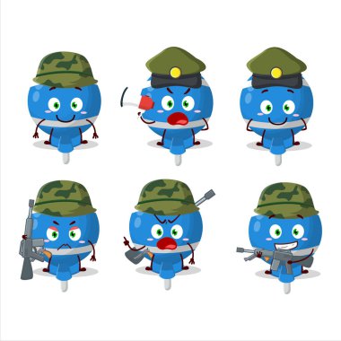 Çekici bir asker mavi lolipop karikatür sarılı bir silah makinesi getiriyor. Vektör illüstrasyonu