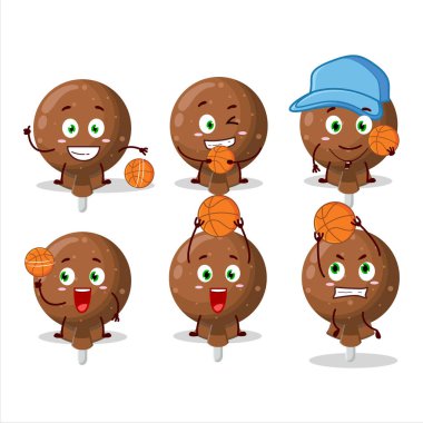 Basketbol atleti olarak yetenekli turuncu lolipop karikatür karakteri. Vektör illüstrasyonu