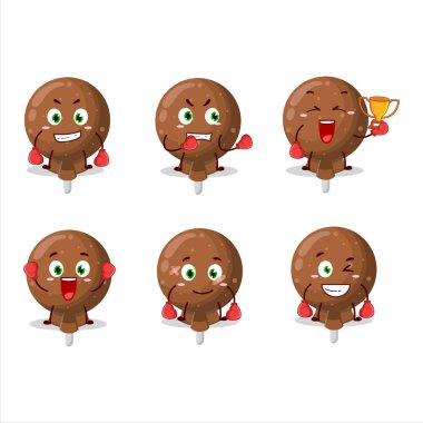 Sportif turuncu bir lolipop boks sporu çizgi film maskotu tasarımı. Vektör illüstrasyonu