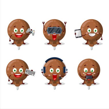 Turuncu lolipop ambalajlı çizgi film karakteri çeşitli şirin emoticonlarla oyunlar oynuyor. Vektör illüstrasyonu