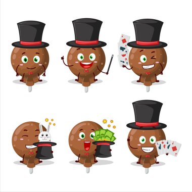 Turuncu bir lolipop, bir sahnede Sihirbaz çizgi film karakteri performansı sergiledi. Vektör illüstrasyonu