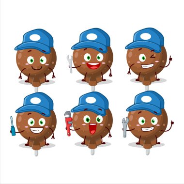 Mekanik turuncu lolipop sevimli maskot karakterini kerpetenle sarmış. Vektör illüstrasyonu