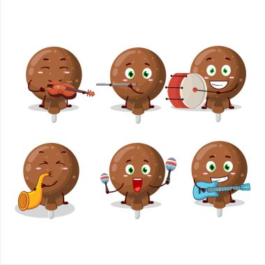 Turuncu lolipopun çizgi film karakteri müzik enstrümanları çalıyor. Vektör illüstrasyonu