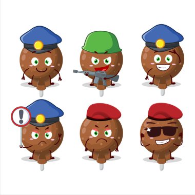 Turuncu lolipop paketlenmiş maskot tasarımlı kendini işine adamış bir polis memuru. Vektör illüstrasyonu