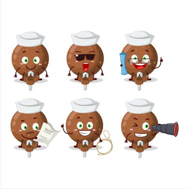 Portakal rengi lolipopun, dürbünlü bir gemi kaptanı olarak sarılı bir karakter tasarımı. Vektör illüstrasyonu