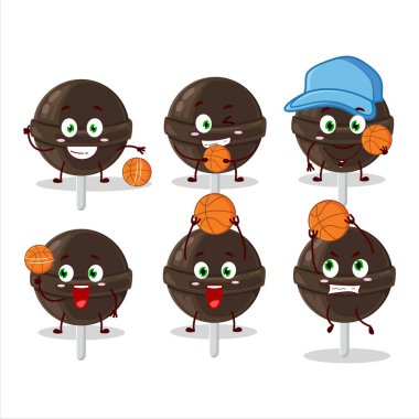 Basketbol atleti olarak yetenekli bir çikolata lolipop çizgi film karakteri. Vektör illüstrasyonu