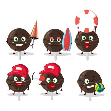 Happy Face tatlı çikolata lolipop çizgi film karakteri sahilde oynuyor. Vektör illüstrasyonu