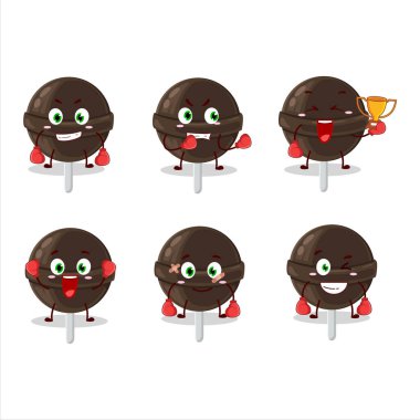 Sportif bir çikolata lolipop boks sporu çizgi film maskotu tasarımı. Vektör illüstrasyonu