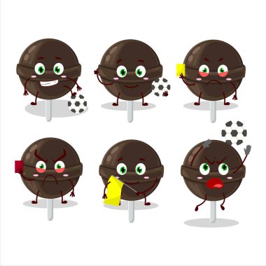 Tatlı çikolatalı lolipop çizgi film karakteri futbol hakemi olarak çalışıyor. Vektör illüstrasyonu