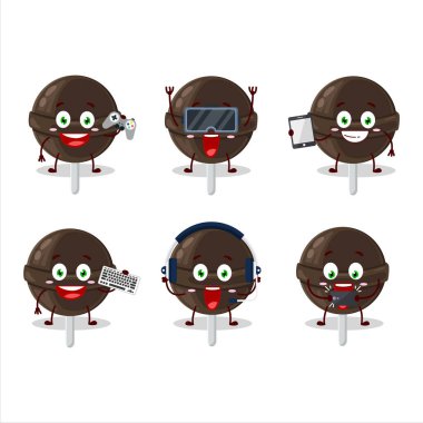 Tatlı çikolatalı lolipop çizgi film karakteri çeşitli şirin emoticonlarla oyunlar oynuyor. Vektör illüstrasyonu