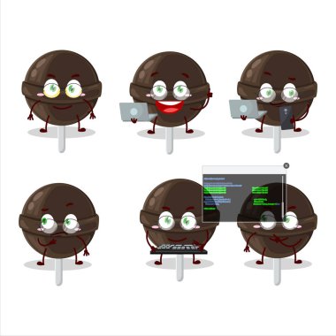 Tatlı çikolatalı lolipop programcısı tatlı çizgi film karakteri. Vektör illüstrasyonu