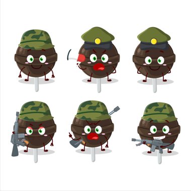 Çekici bir asker, çikolatalı tatlı bir çizgi film karakteri bir silah makinesi getiriyor. Vektör illüstrasyonu