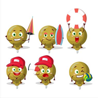 Mutlu Yüz sarı lolipop, sahilde oynayan çizgi film karakteri. Vektör illüstrasyonu