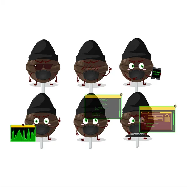 Hacker Dolce Cioccolato Lolipop Personaggio Mascotte Con Illustrazione Vettoriale — Vettoriale Stock