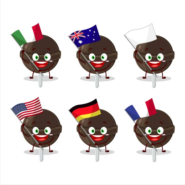 Chocolat Sucré Lolipop Personnage Dessin Animé Apporter Les Drapeaux Divers — Image vectorielle