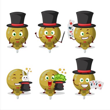 Sarı bir lolipop, Sihirbaz çizgi film karakterini sahnede oynattı. Vektör illüstrasyonu